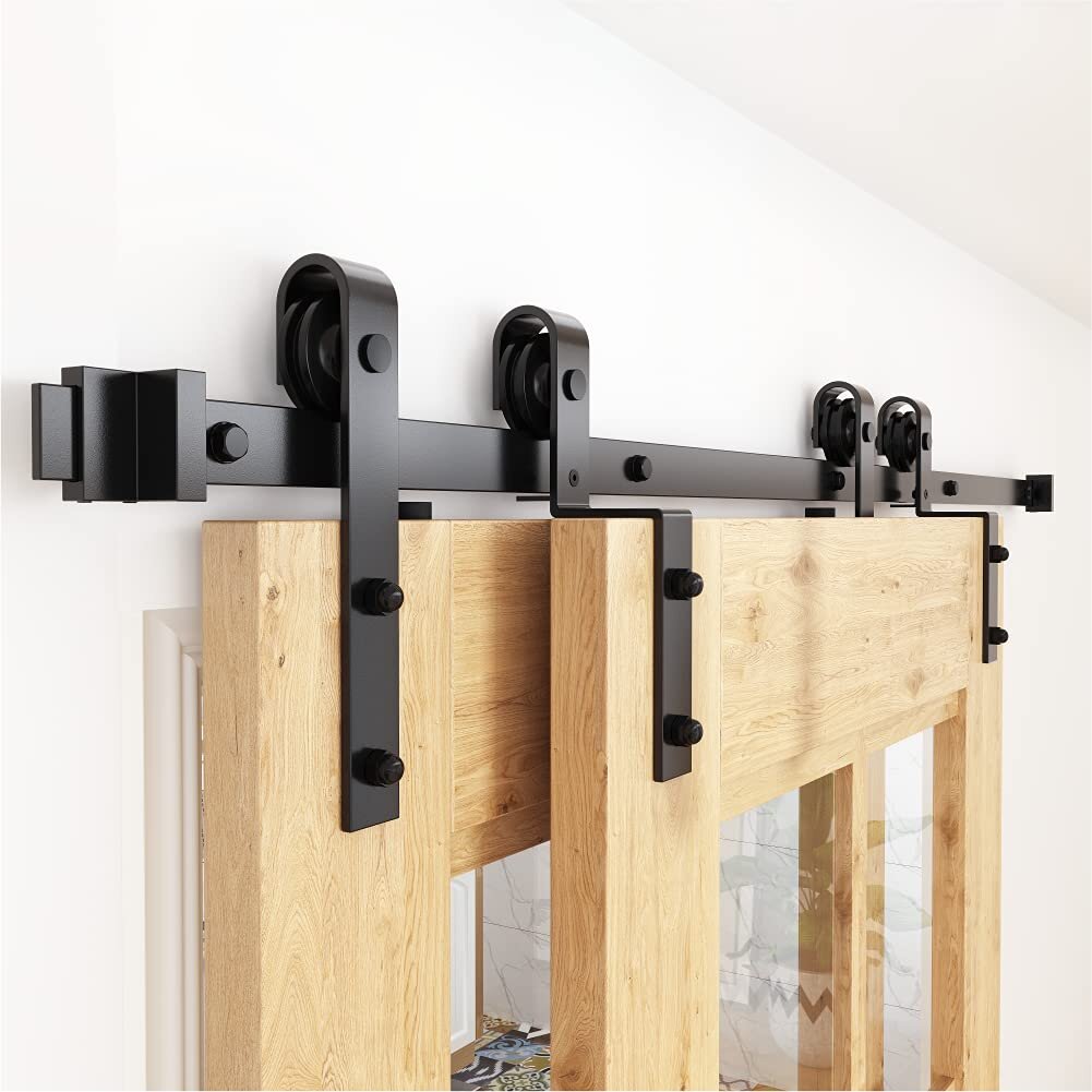 Katier Bypass Sliding Barn Door Hardware Kit Single Track Double Wooden Doors Use One Piece Rail Flat Track Roller Low Ceiling Wayfair