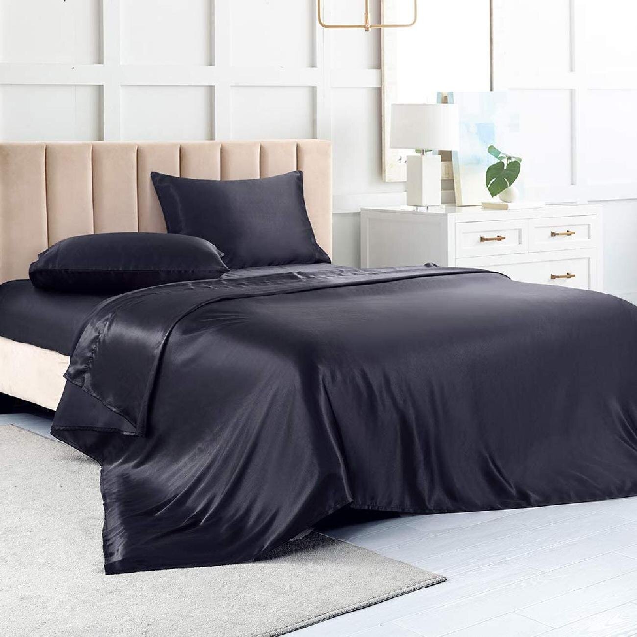 1 Piece Black Top Sheet Satin Flat Sheet Only Extra Soft Silk Flat Bed Sheets Sold Separately Twin Twin Flat Sheet Black