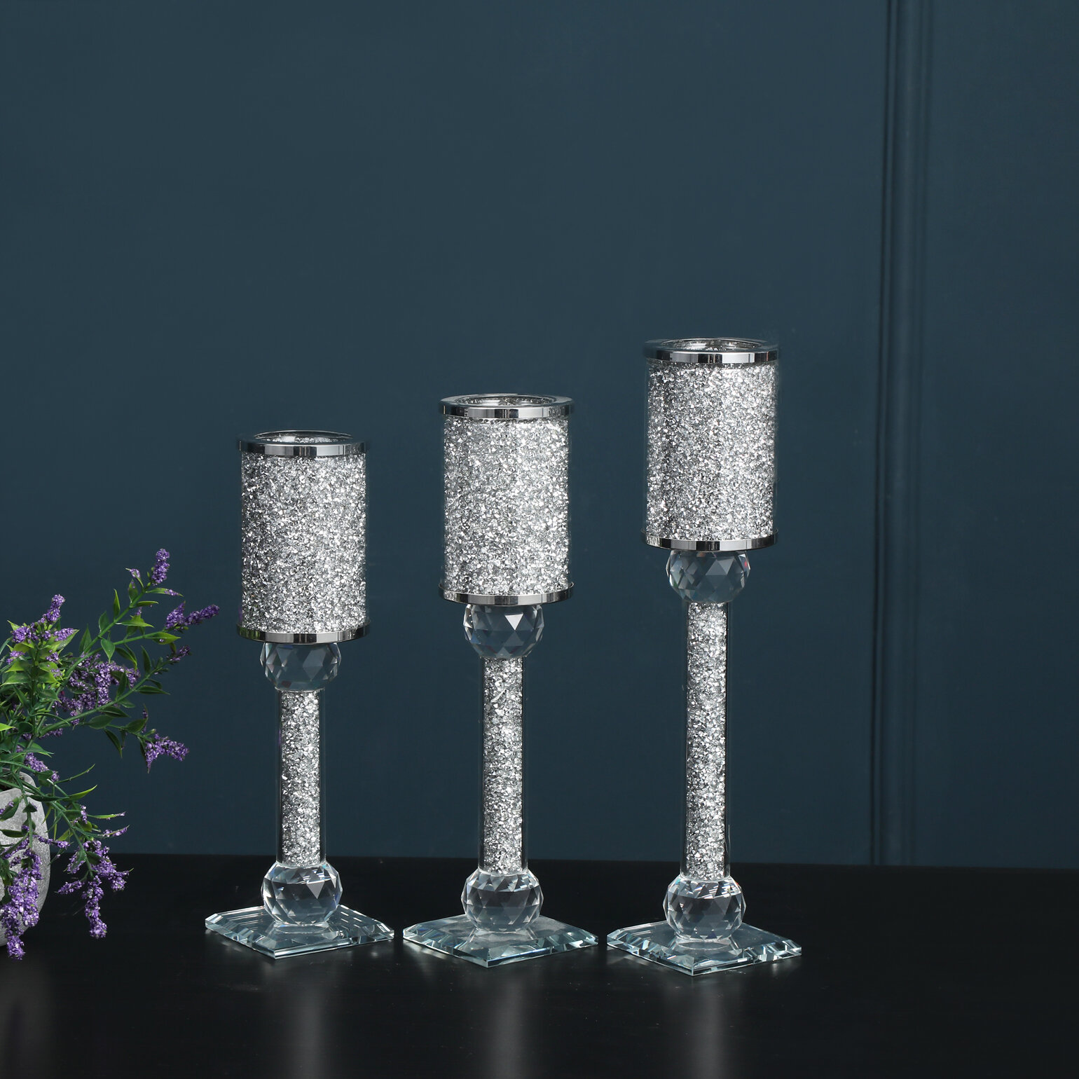 Set Of 2 Sparkly Silver Crushed Crystal Filled Candle Sticks Tealight Holders 