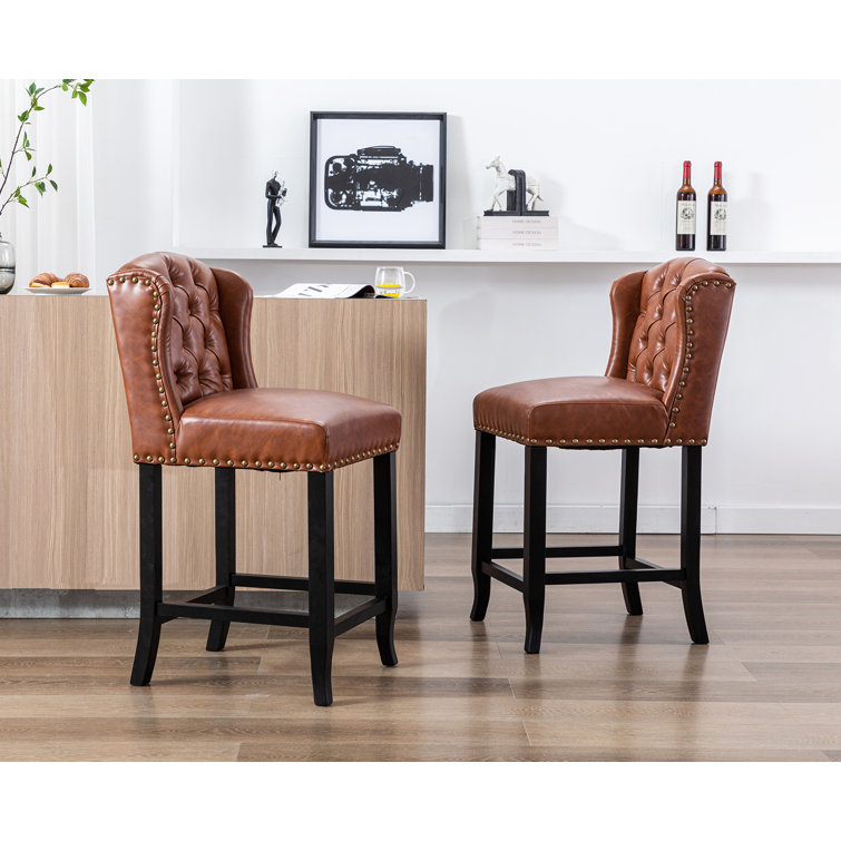 Modern Upholstered Bar Stools Set Of 2, 26 Inch Counter Height Stools With  Wood Legs And Button Tufted Backrest, Linen Chairs For Bar Counter Kitchen  ...