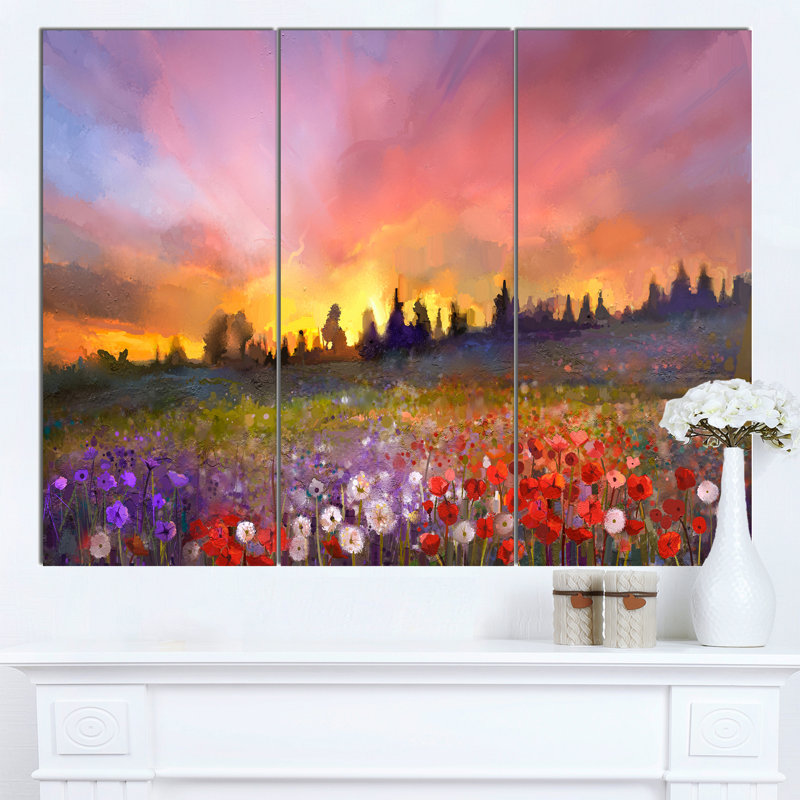 Designart Field Of Poppy Dandelion And Daisy 3 Piece Painting Print On Wrapped Canvas Set Wayfair