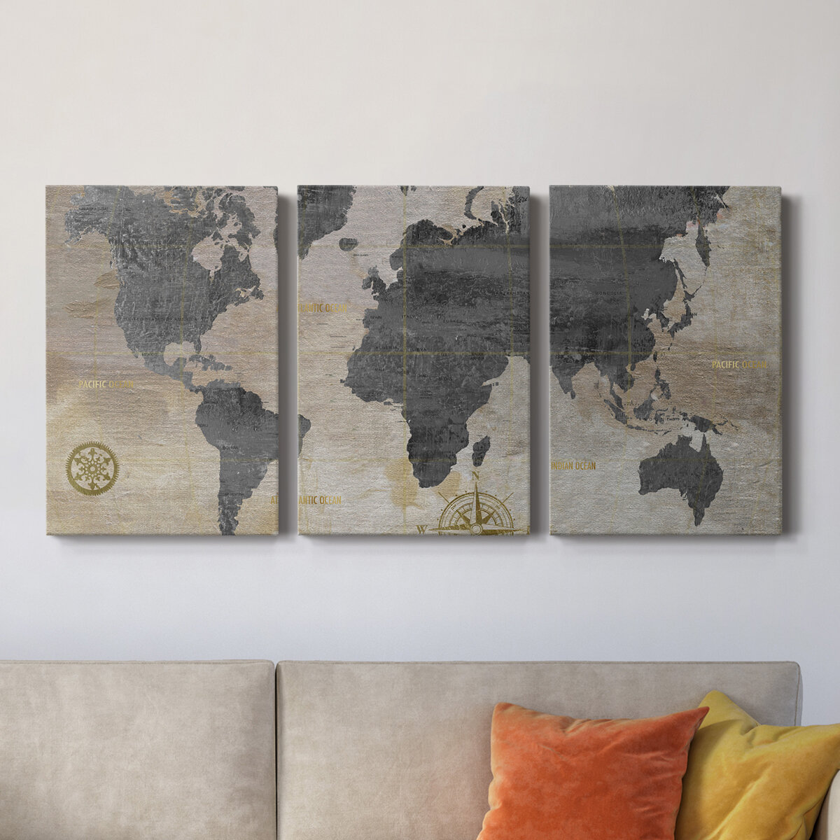 Orren Ellis Modeled World Map - 3 Piece Picture Frame Print on Canvas ...