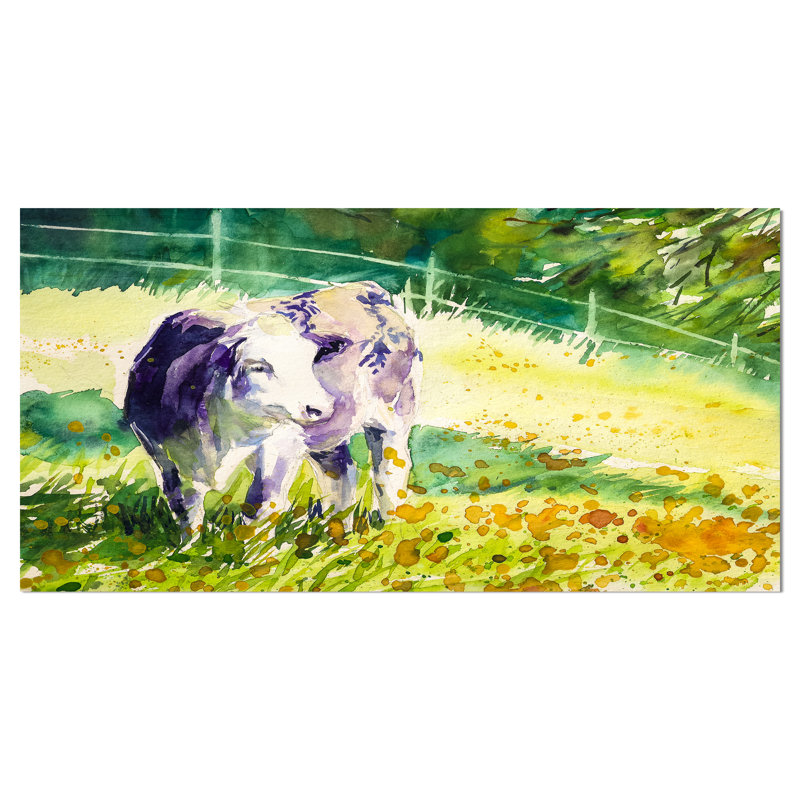 East Urban Home Purple Cow In Grassland Watercolor Painting