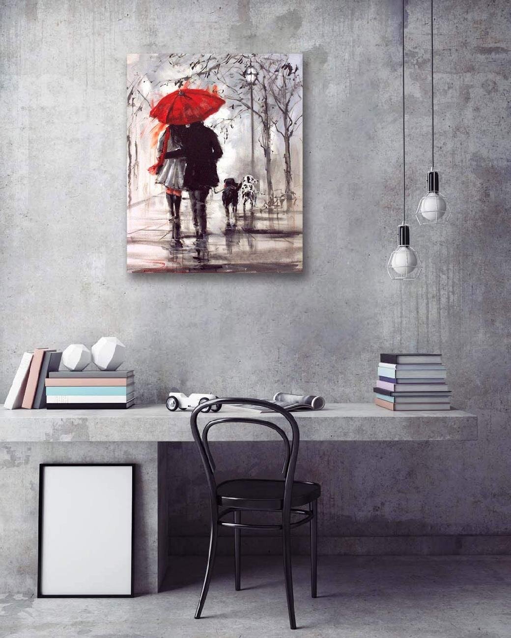 COUPLE WITH RED UMBRELLA OIL PAINT RE PRINT ON FRAMED CANVAS WALL ART DECORATION 