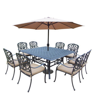 Go to store & view more images Calorafield 9 Piece Metal Dining Set with Cushions and Umbrella by Red Barrel Studio
