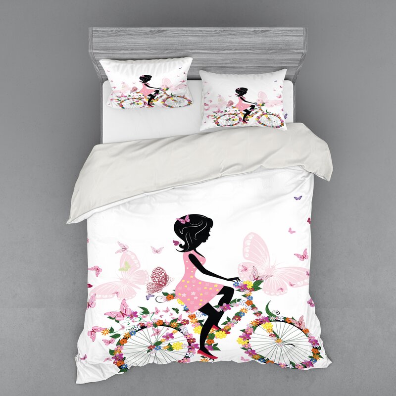 East Urban Home Ambesonne Bicycle Duvet Cover Set Girl In A Pink