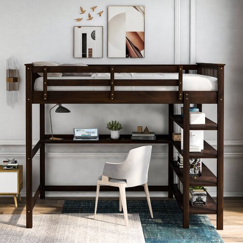 Harriet Bee Arris Solid Wood Loft Bed with Bookcase and Built-in-Desk ...