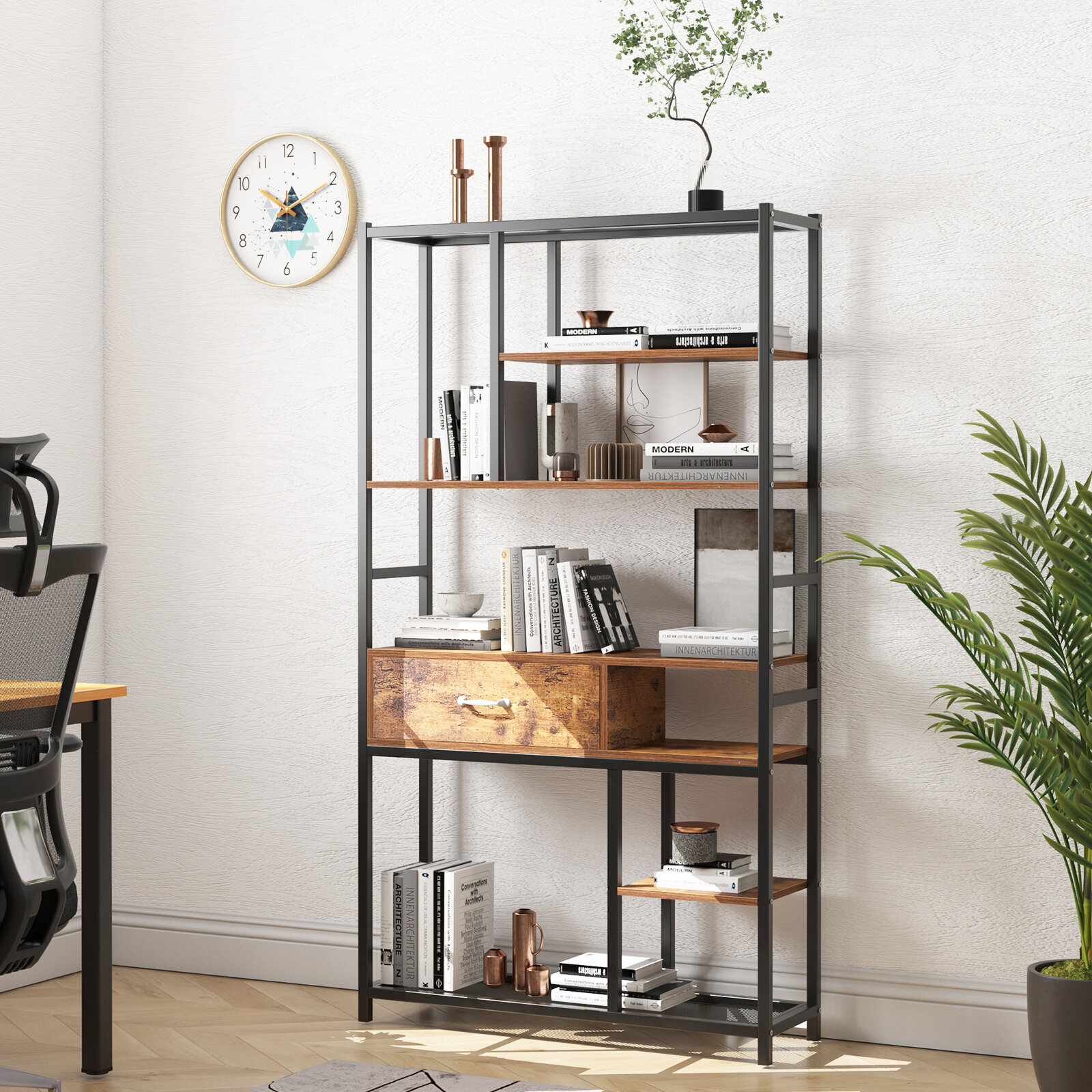 OTK Bookshelf,4 Tier Industrial Book Shelf,Metal Bookcase,Modern Book Shelves for Bedroom,Living Room and Home Office,4-Shelf,Black