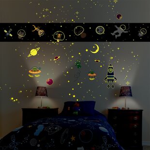 Maria Walking In The Space With Animal Friends And Galaxy Glow With Moon And Star Glow Wall Sticker