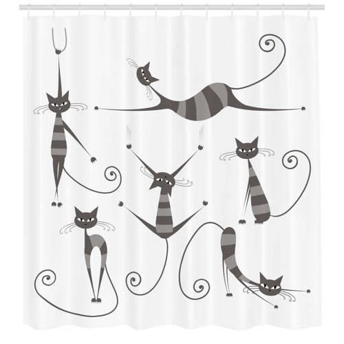 Ebern Designs Everly Funny Skinny Striped Cat Shower Curtain