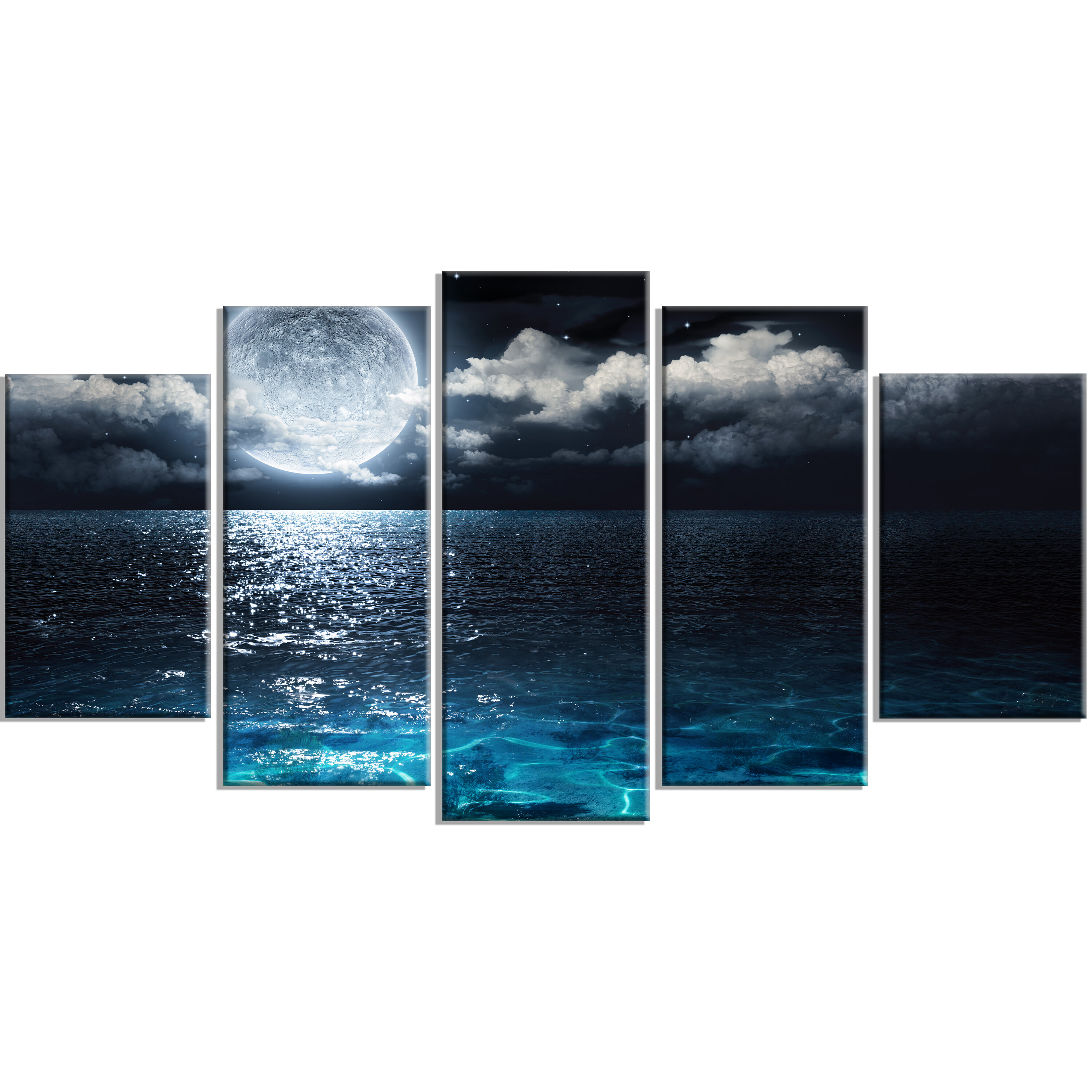 Highland Dunes Romantic Full Moon Over Sea 5 Piece Wall Art On Wrapped Canvas Set Reviews Wayfair