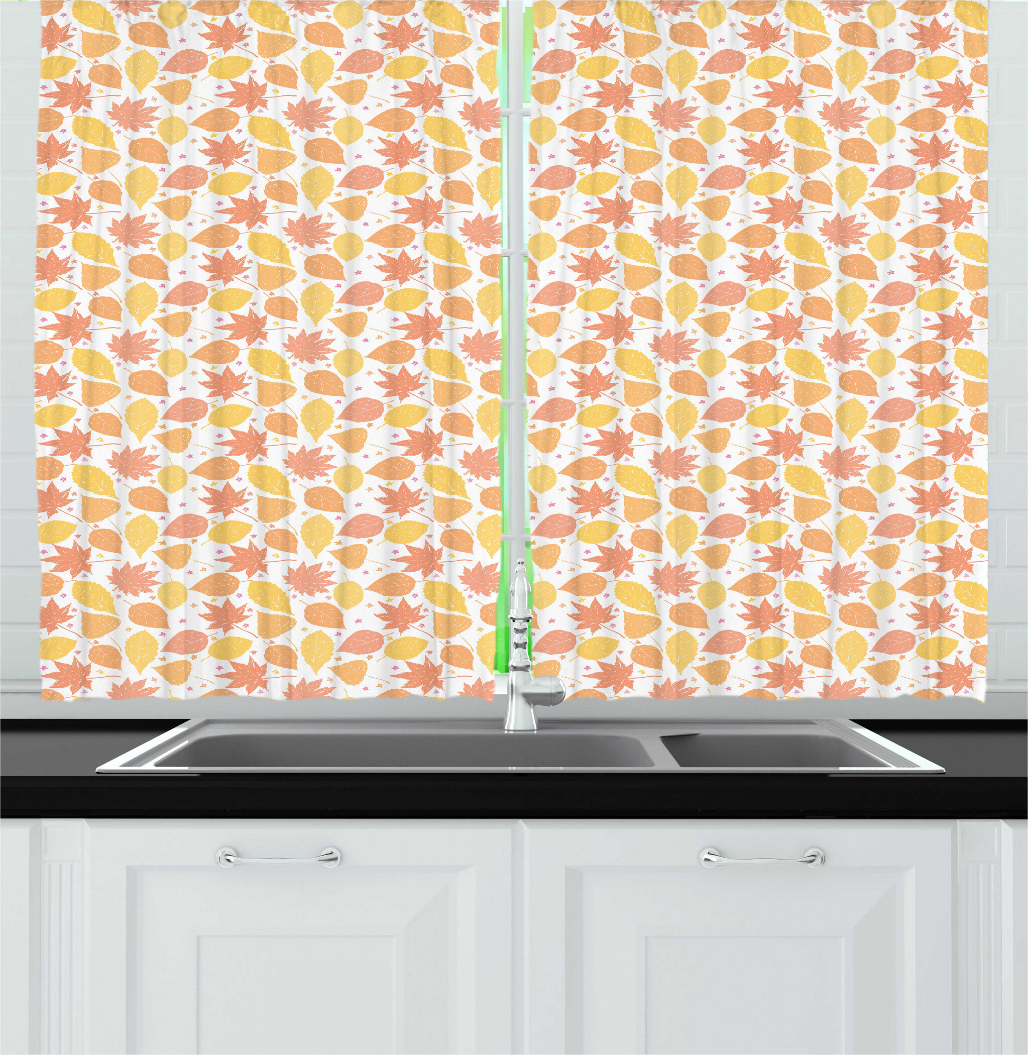 East Urban Home Orange And Yellow Soft Colored Autumn Leaves And Tiny Stars In Doodle Style Kitchen Curtain Wayfair