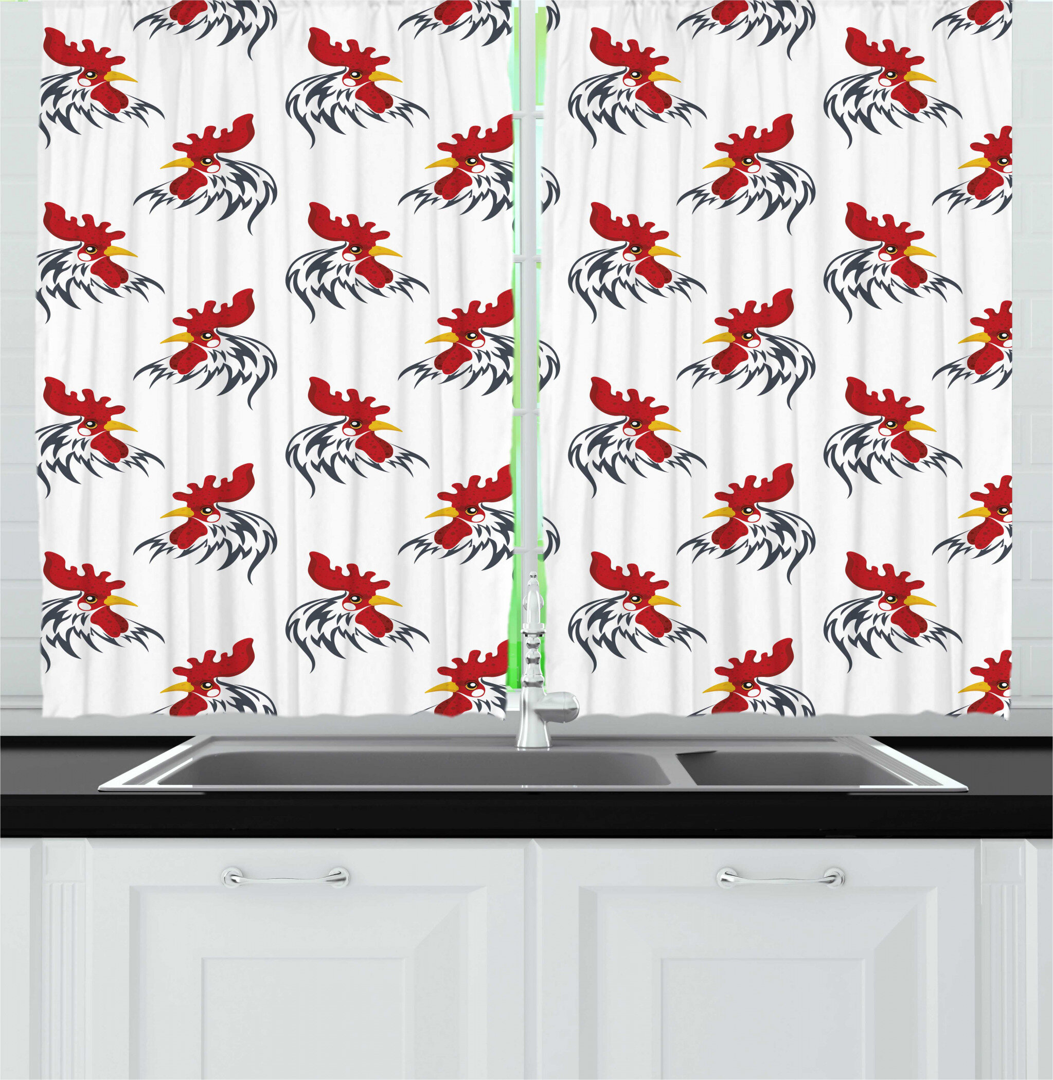 East Urban Home Rooster Repetitive Symbol Image Of Farm Animal Head On Plain Backdrop Art Print Kitchen Curtain Wayfair