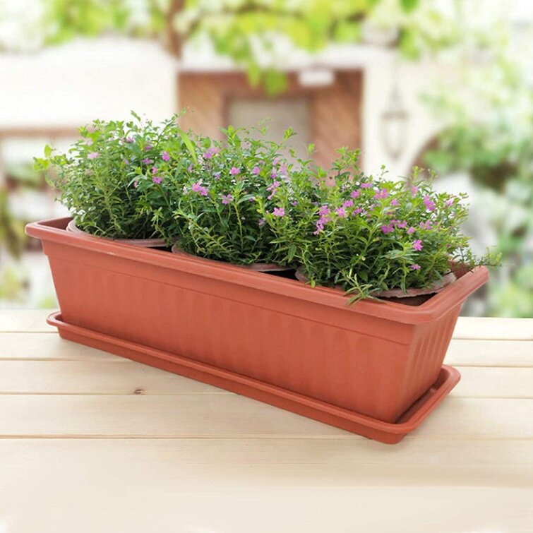 15 Inches Plastic Rectangular Planters,for Windowsill,Patio Home Decor Garden Brick Red 3 Pcs Window Box Flower Pots with Saucer Porch 