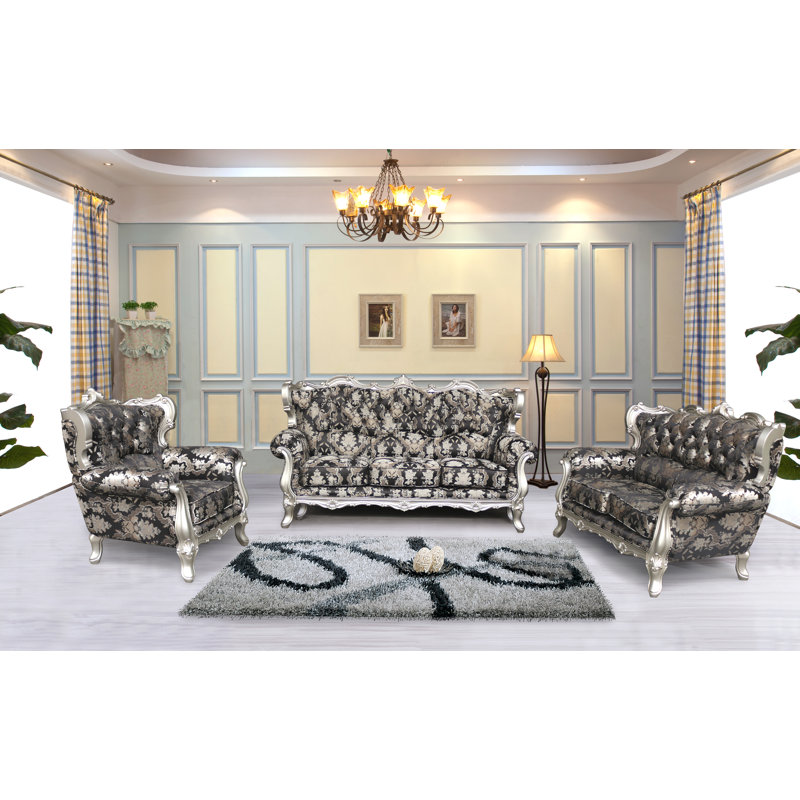 Astoria Grand Vidalia 3 Piece Black And Silver Embossed Fabric