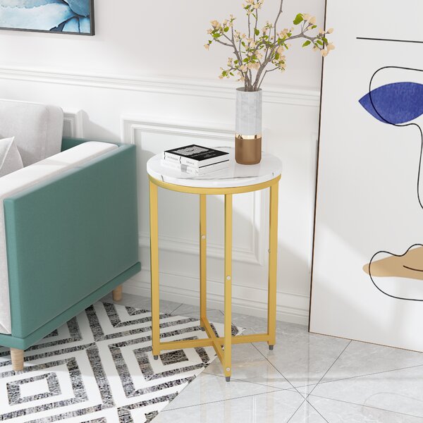 White Marble Side Table 2 End Tables Modern Gold Furniture Top Round Metal Room 