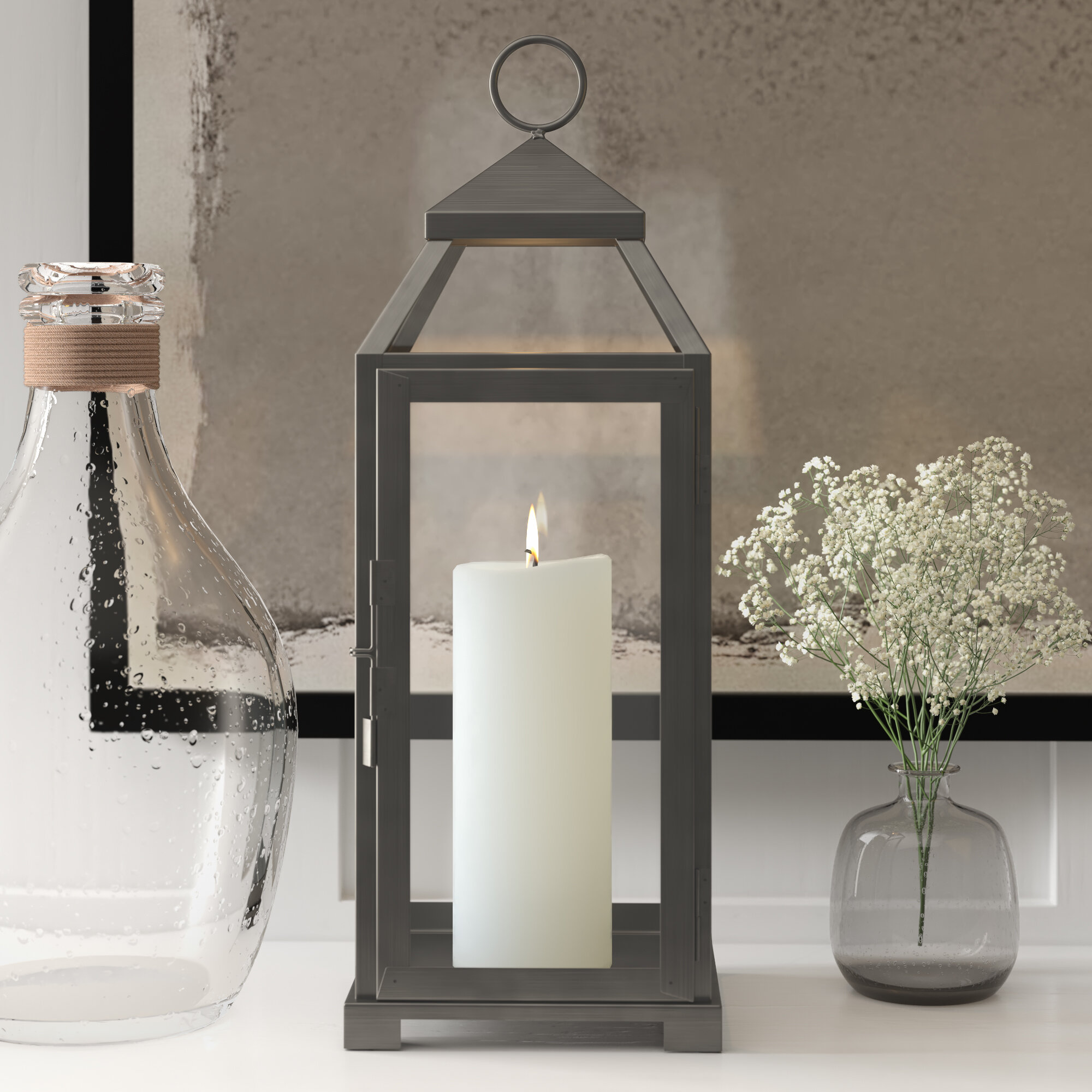 grey lantern candlestick made of glass on stand large