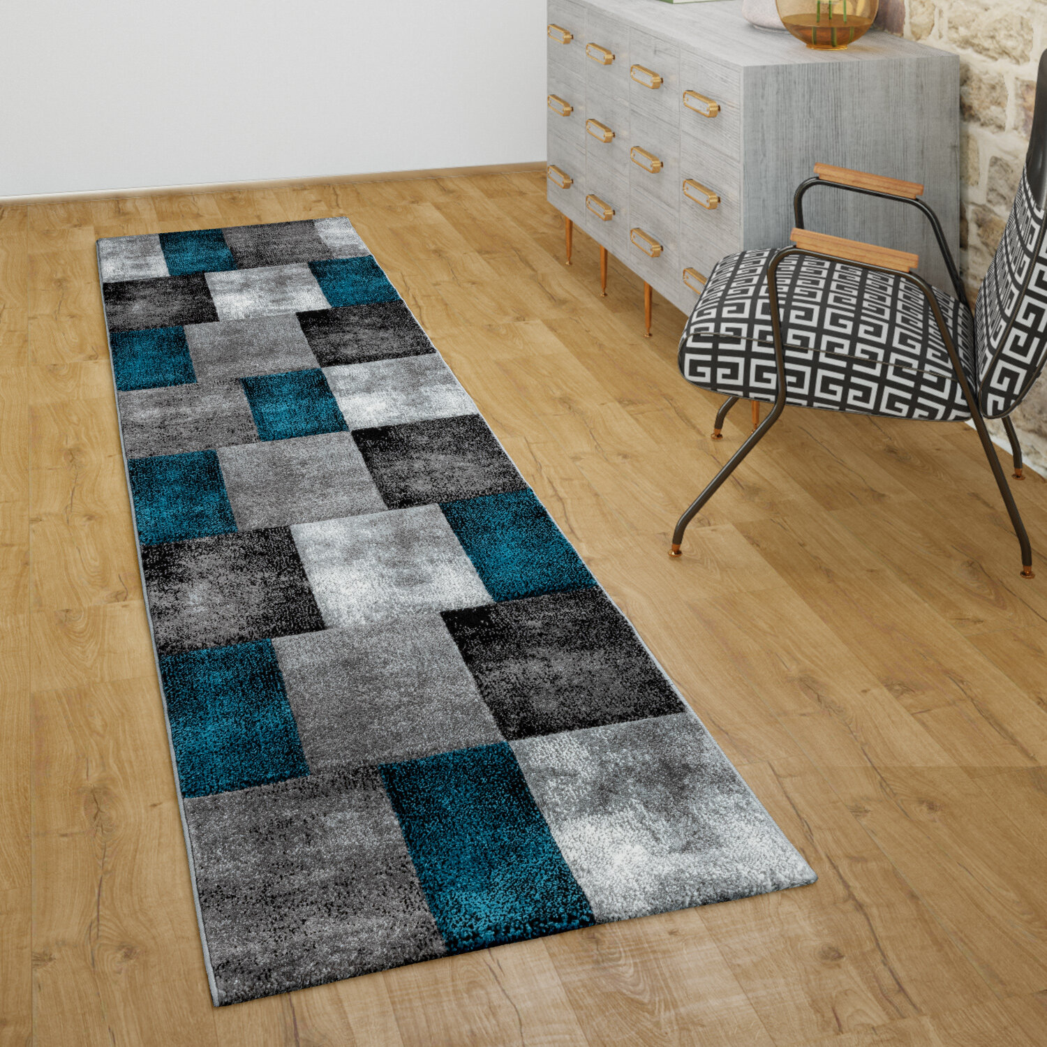 Geometric Rug Blue Brown Black Check Mat Woven Small X Large Bedroom Area Carpet 