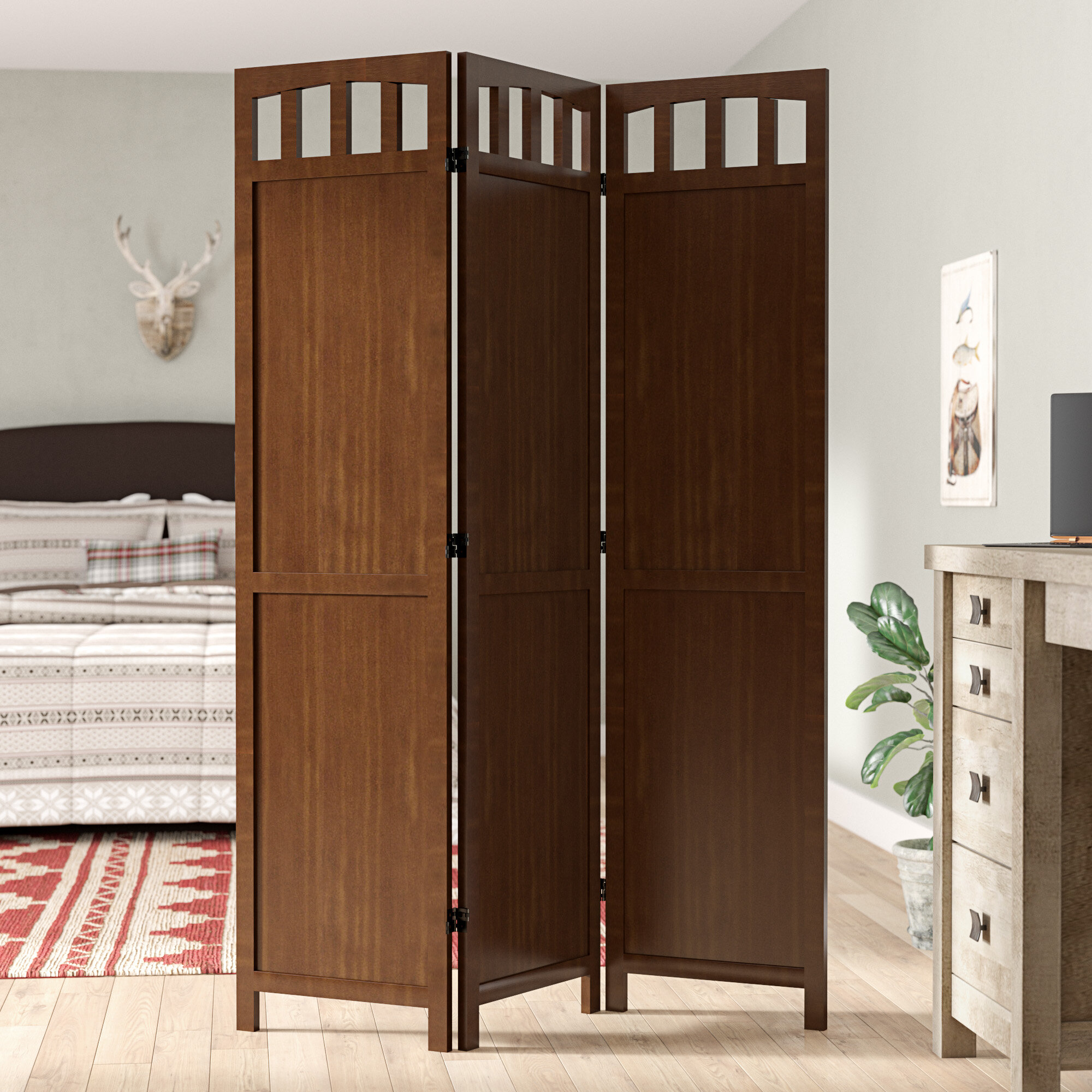 3 or 4 Panel Solid Wood Room Screen Divider Walnut Finish