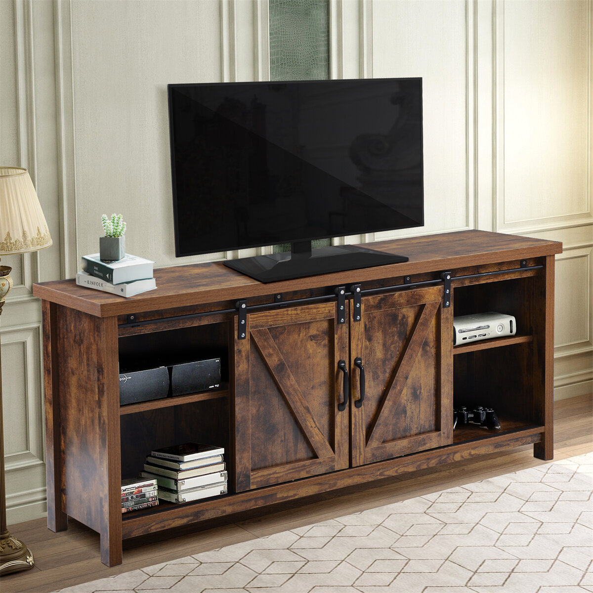 Details about   TV Stand Black For 65 Inch Size Wood Storage Drawer Entertainment Center Modern 