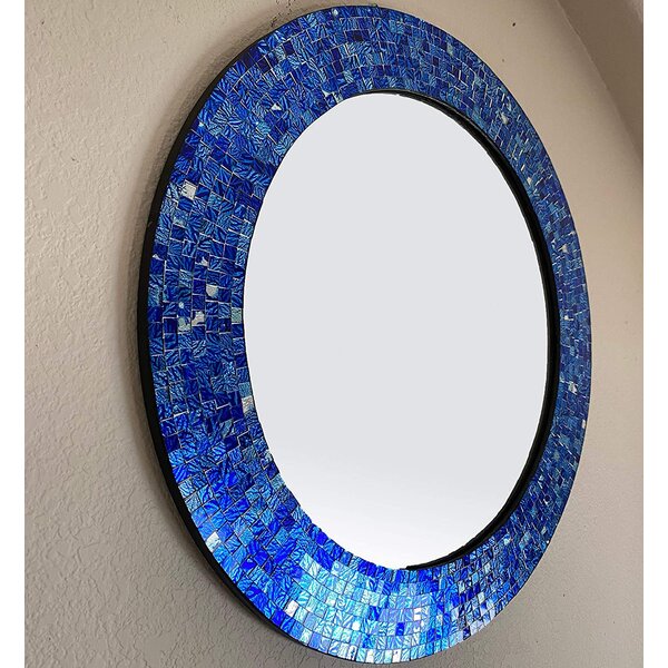NOVICA Blue Glass Mosaic Wood Framed Round Decorative Wall Mounted Mirror Tropical Fusion' Large