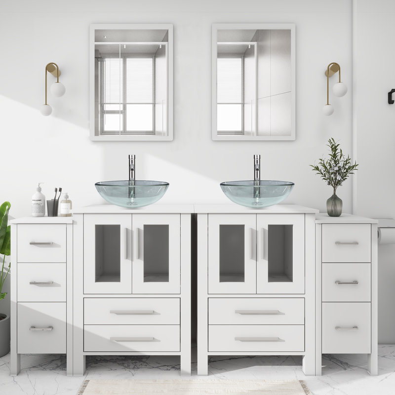 ( incomplete)Aidey 72’’ Double Bathroom Vanity Set with Vessel Sink, Manufactured Wood Top, Faucet, Drain Top Finish: White, Base Finish: White