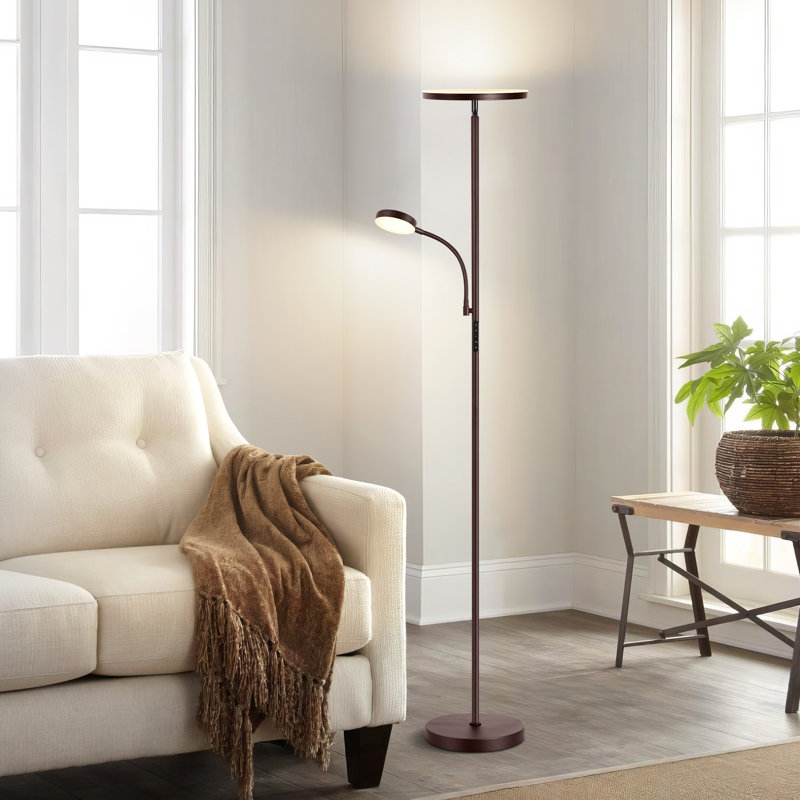 jernell 70" led dimmable torchiere & reading floor lamp with remote control base finish: bronze