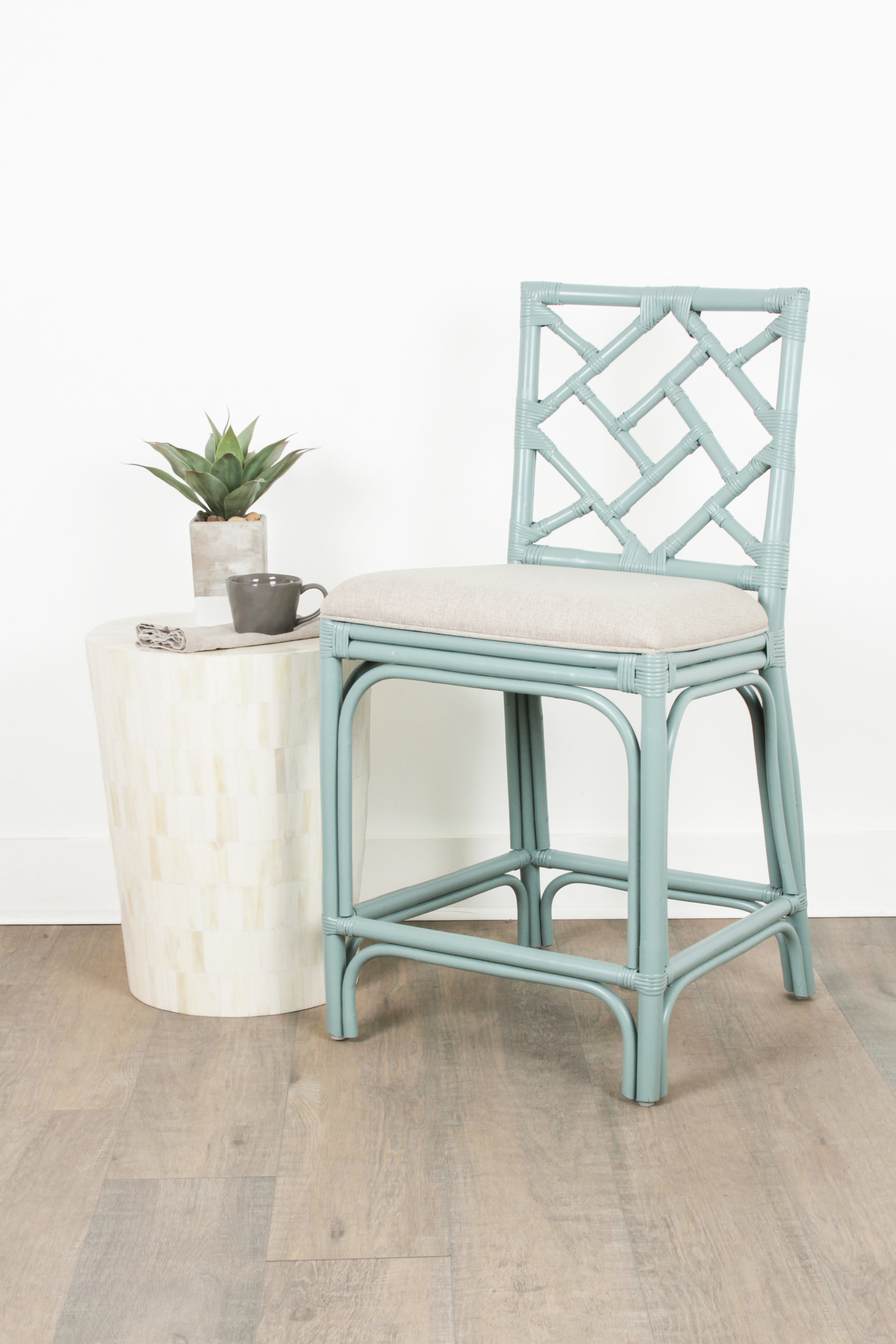 blue and white rattan bar stools