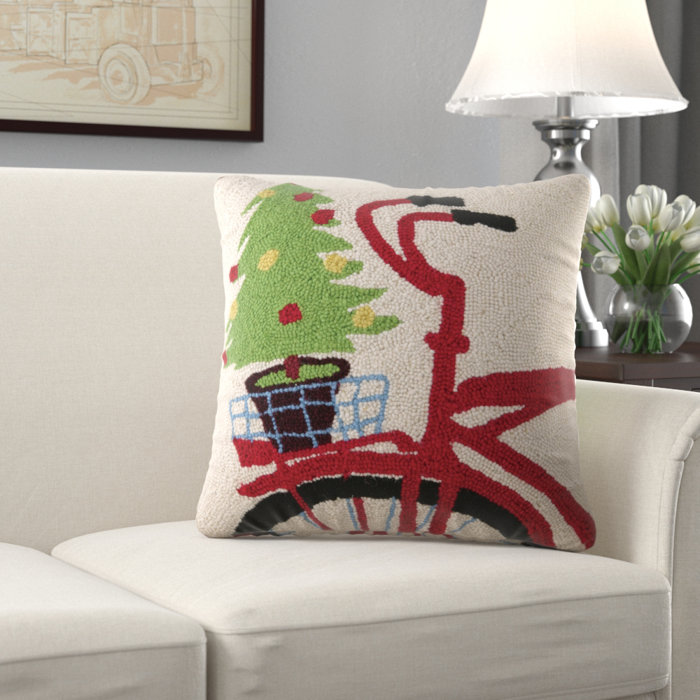 Three Posts Christmas Tree On Bike Hook Wool Throw Pillow