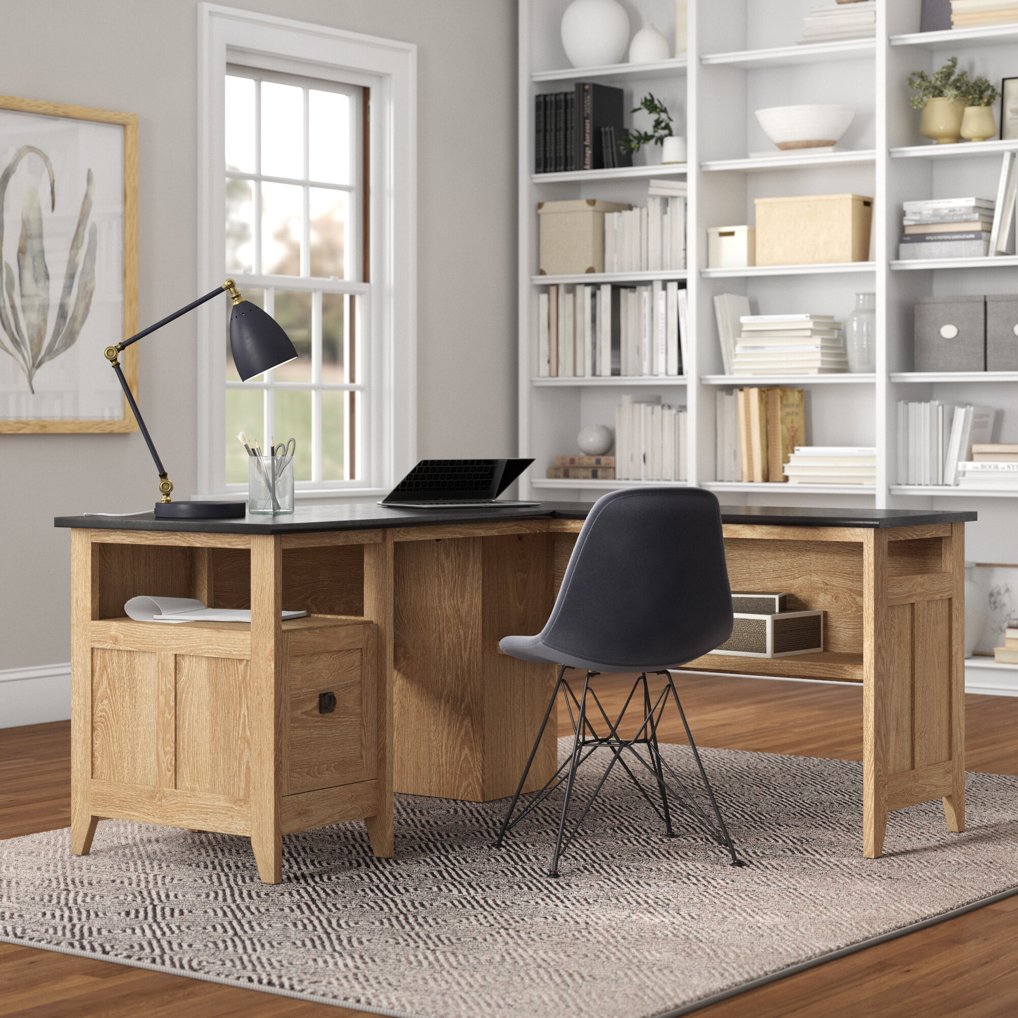 Straight rectangle office desk table 160cm oak effect grey metal frame 