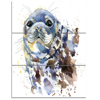 Designart Blue Marine Seal Watercolor 3 Piece Painting Print On