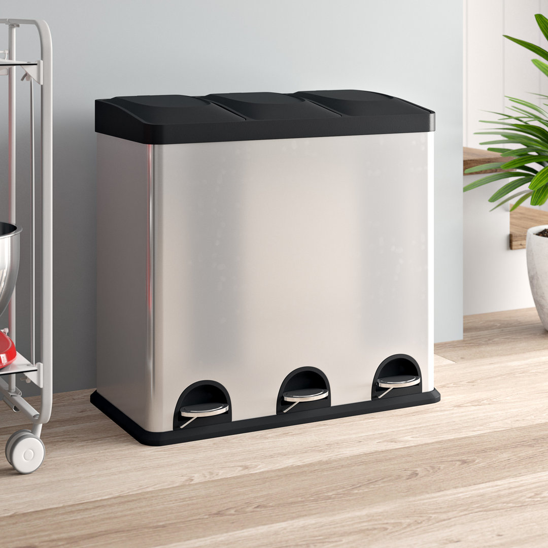Kitchen Stainless Steel 54 Litre Step On Multi-Compartments Rubbish and Recycle Bin