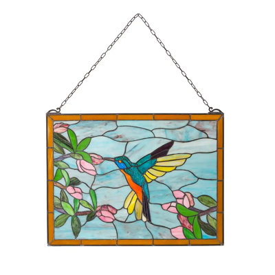 Stained Glass Hummingbird Art Panel with Metal Frame and Chain