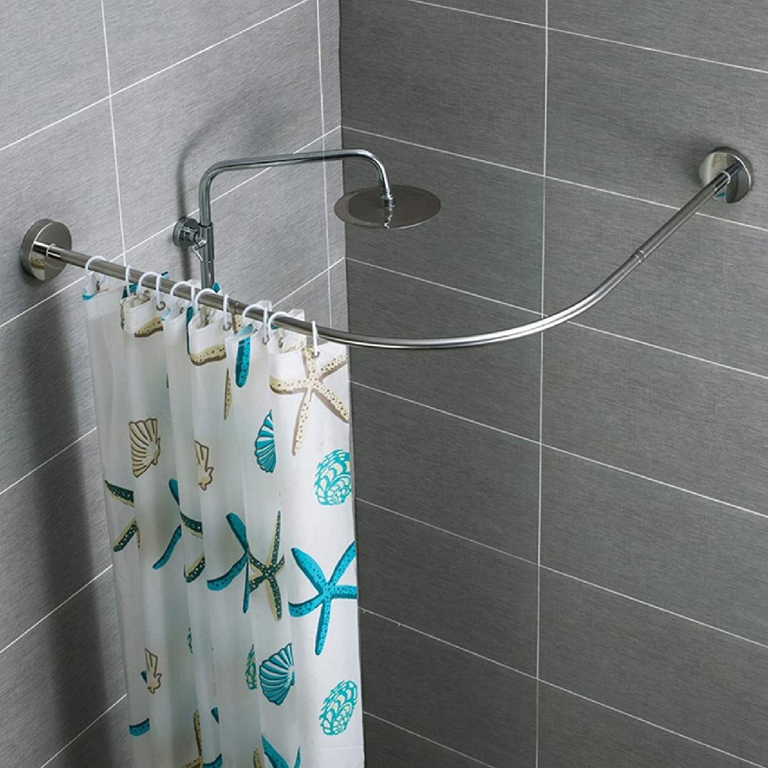 Extendable Curtain Rail Rod Curved Waterproof Bathroom Shower Curtain Hooks 