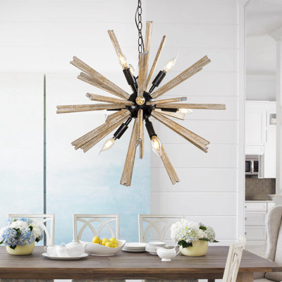 9-Light Distressed Black Sputnik Natural Wood Dimmable Chandelier