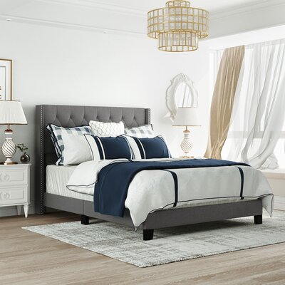 Queen Size Upholstered Platform Bed With Classic Headboard