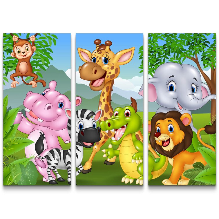 Leinwandbild Kinderbild Wilde Tiere im Dschungel Cartoon 