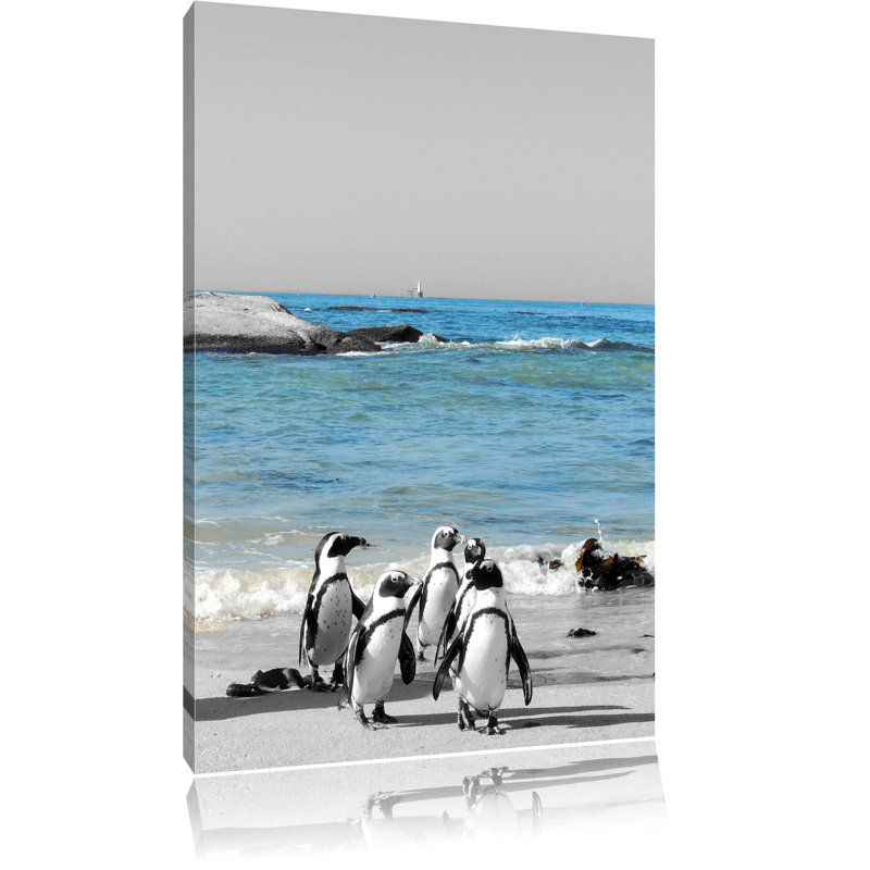 PINGUINS FAMILY ON THE BEACH BOX CANVAS PRINT WALL ART PICTURE