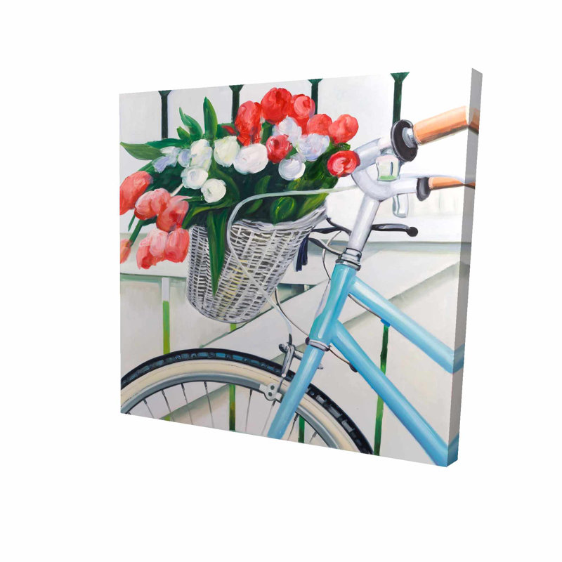 Ebern Designs Bicycle With Tulips Flowers In Basket Oil Painting