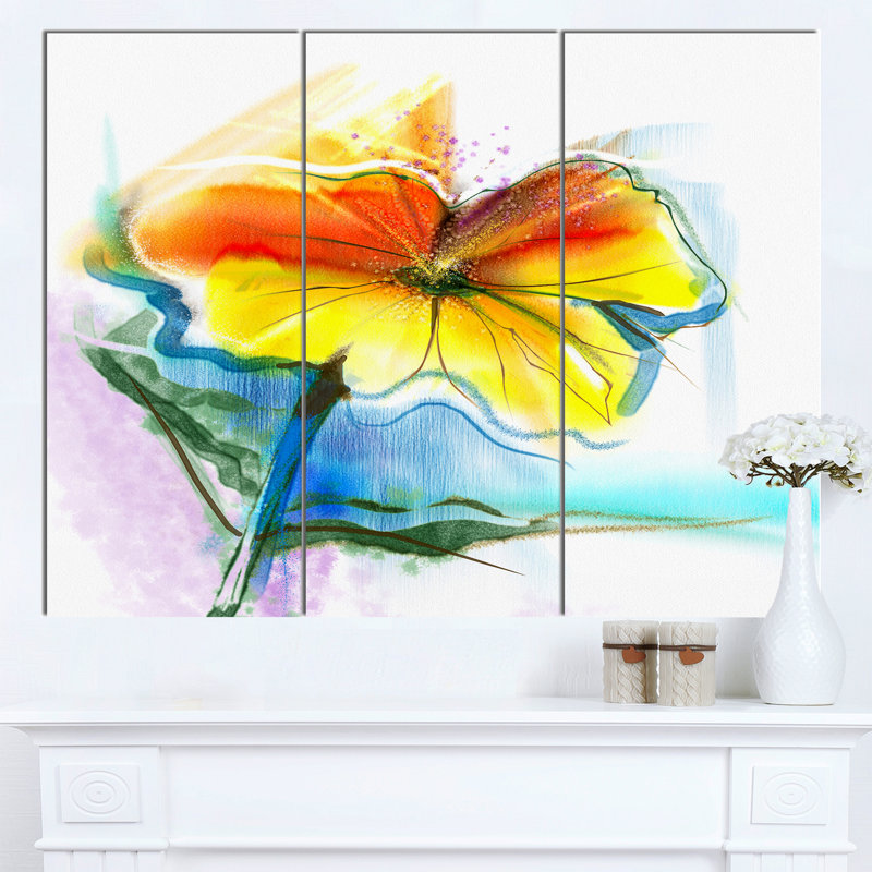 Designart Hand Painted Yellow Pink Red Daisies 3 Piece Wall Art