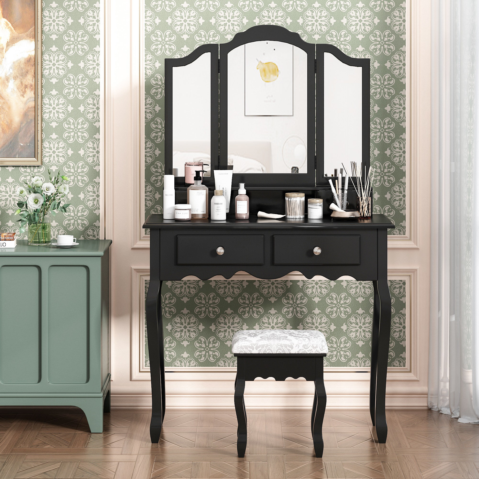 Details about   Makeup Table Vanity Set Folding Mirror Dresser 4 Drawers Dressing Desk Black 