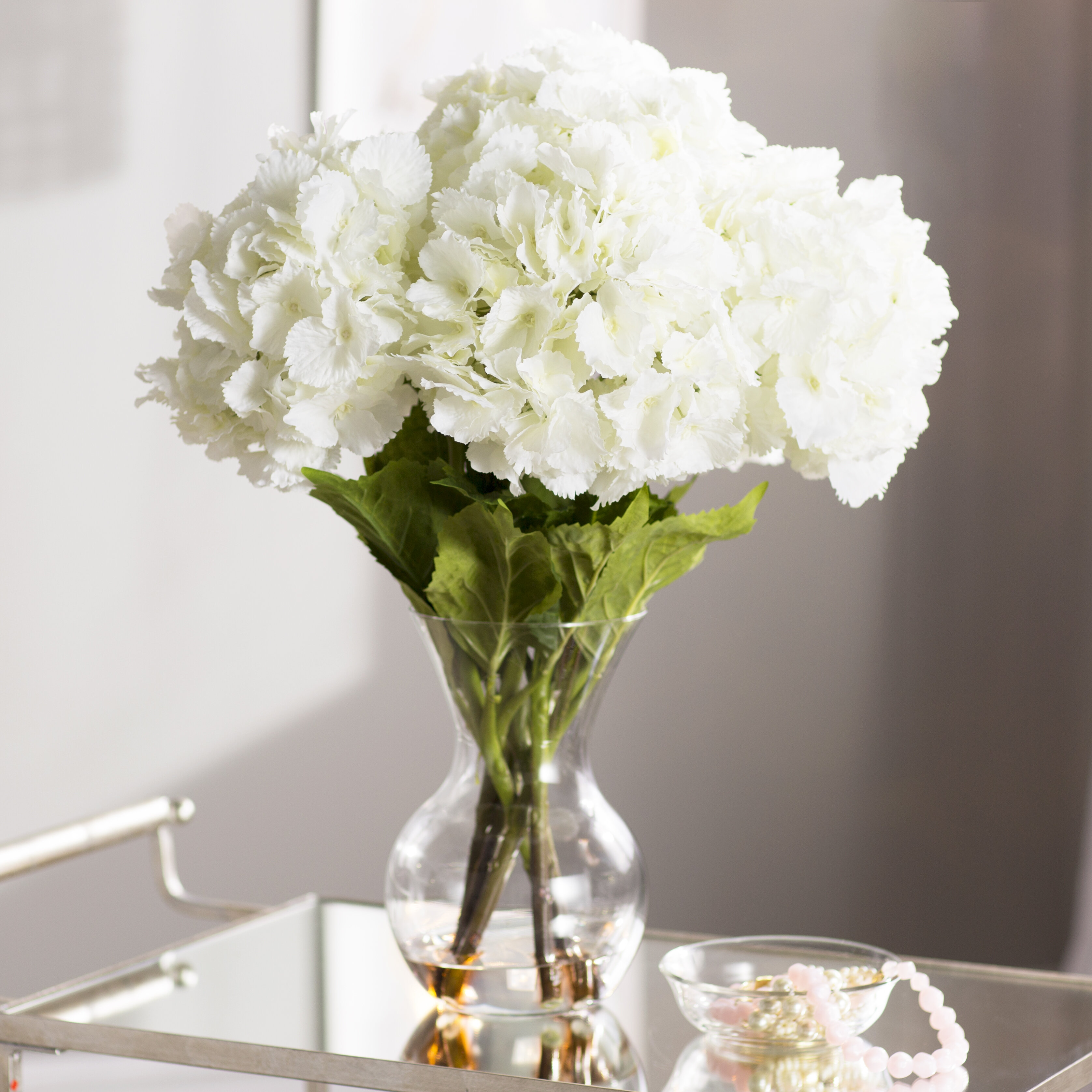 LARGE ARTIFICIAL FLOWERS ARRANGEMENT WHITE HYDRANGEAS IN TALL VASE WITH WATER 