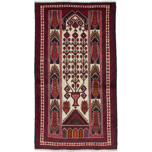 One-of-a-Kind Finest Baluch Wool Hand-Knotted Cream/Red Area Rug