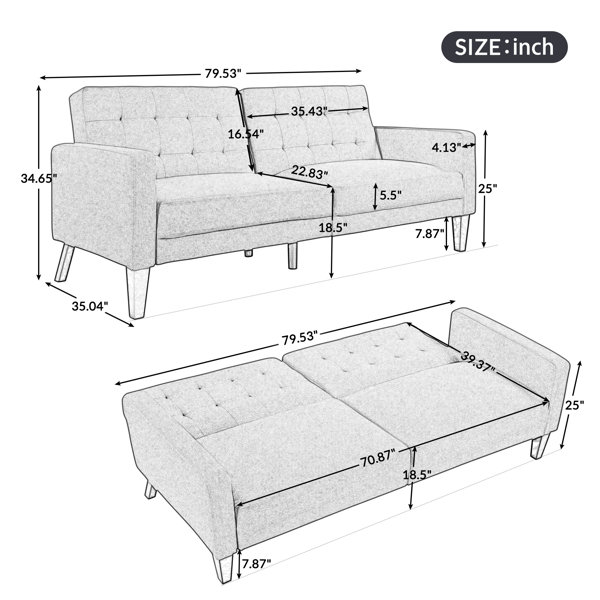 Keysean Twin 79.53'' Wide Tufted Back Convertible Sofa