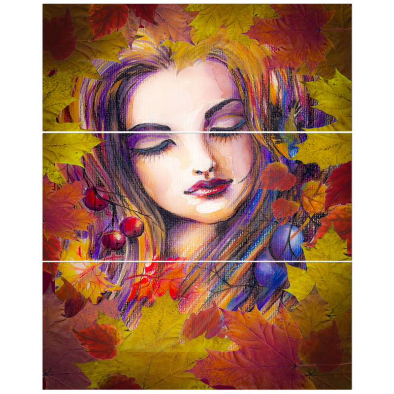 East Urban Home Autumn Woman With Leaves Oil Painting Print