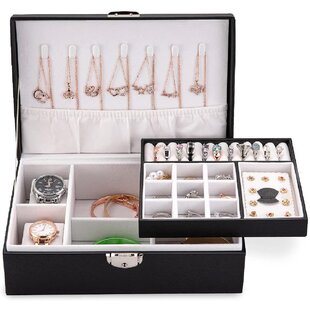 Earrings Couple Rings Storage Jewelry Box Double Open with Snap Lock Case Kit 