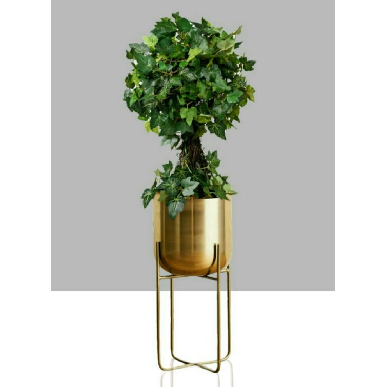 Serene Spaces Living Modern Mid Century Brass Gold Planters with Black Stand Flower Pot for Living Room Decor Large Planter Pots with Metal Stands Measures 13 Tall and 7 Diameter 