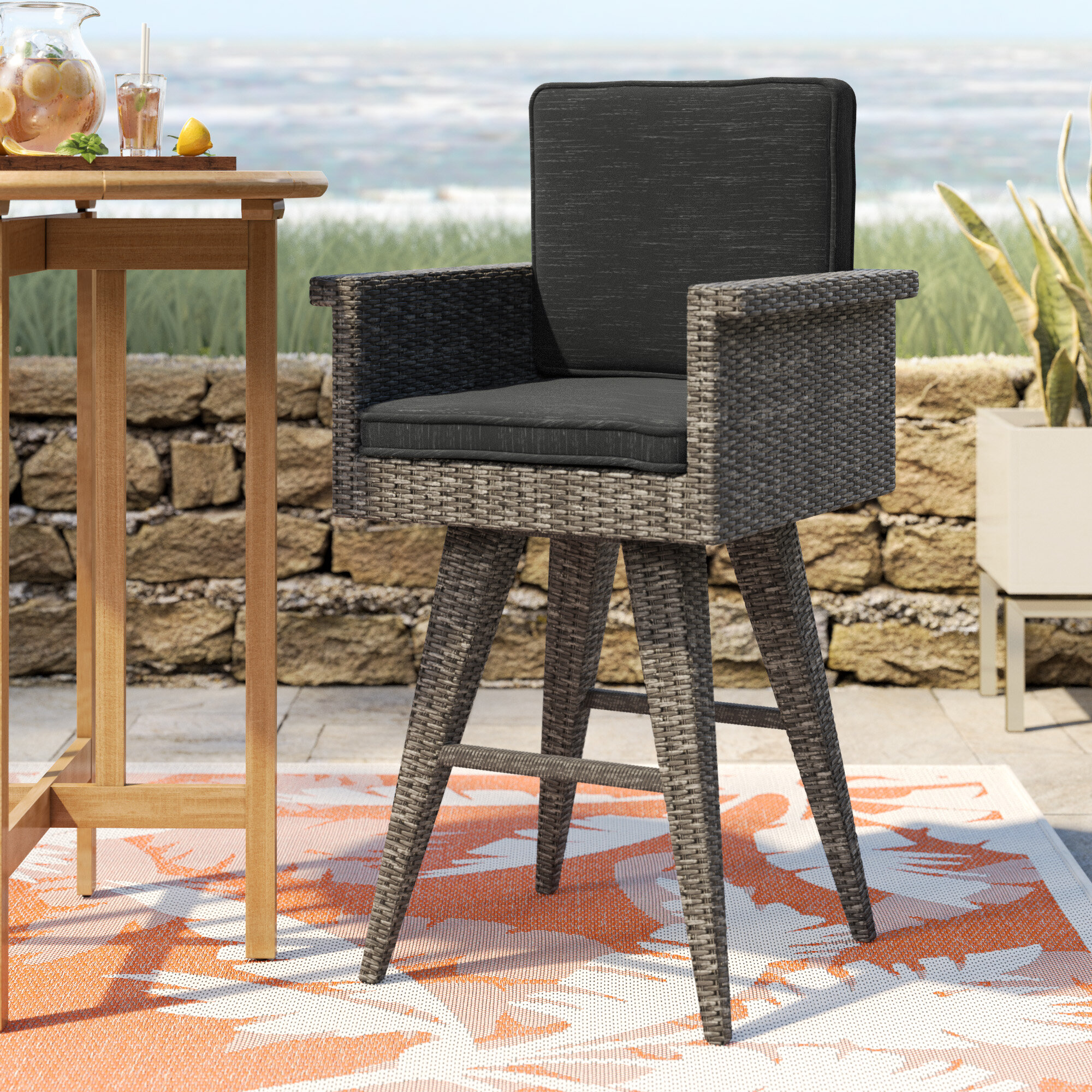 Brown ZENY Wicker Bar Stool with Back Outdoor Rattan Chair Set of 2 Patio All Weather Pool Iron Frame Barstool Furniture w/Armrest 