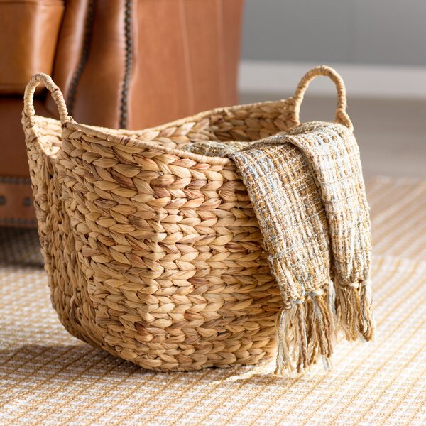 Two Tone Storage Basket Tall Round Woven Wicker Rustic Container With Handles 