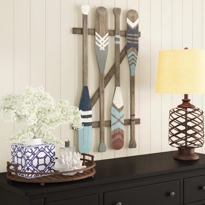 Wood Arrow and Stripe Patterned Paddle Home Wall Decor with Muted Blue Accents